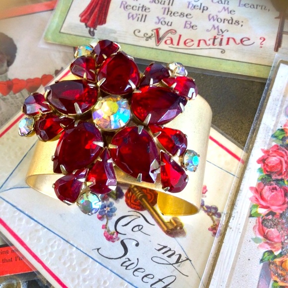 Gorgeous Red Jewel UpCycled Holiday Artisan Crystal Brass Cuff Bracelet - Picture 1 of 8